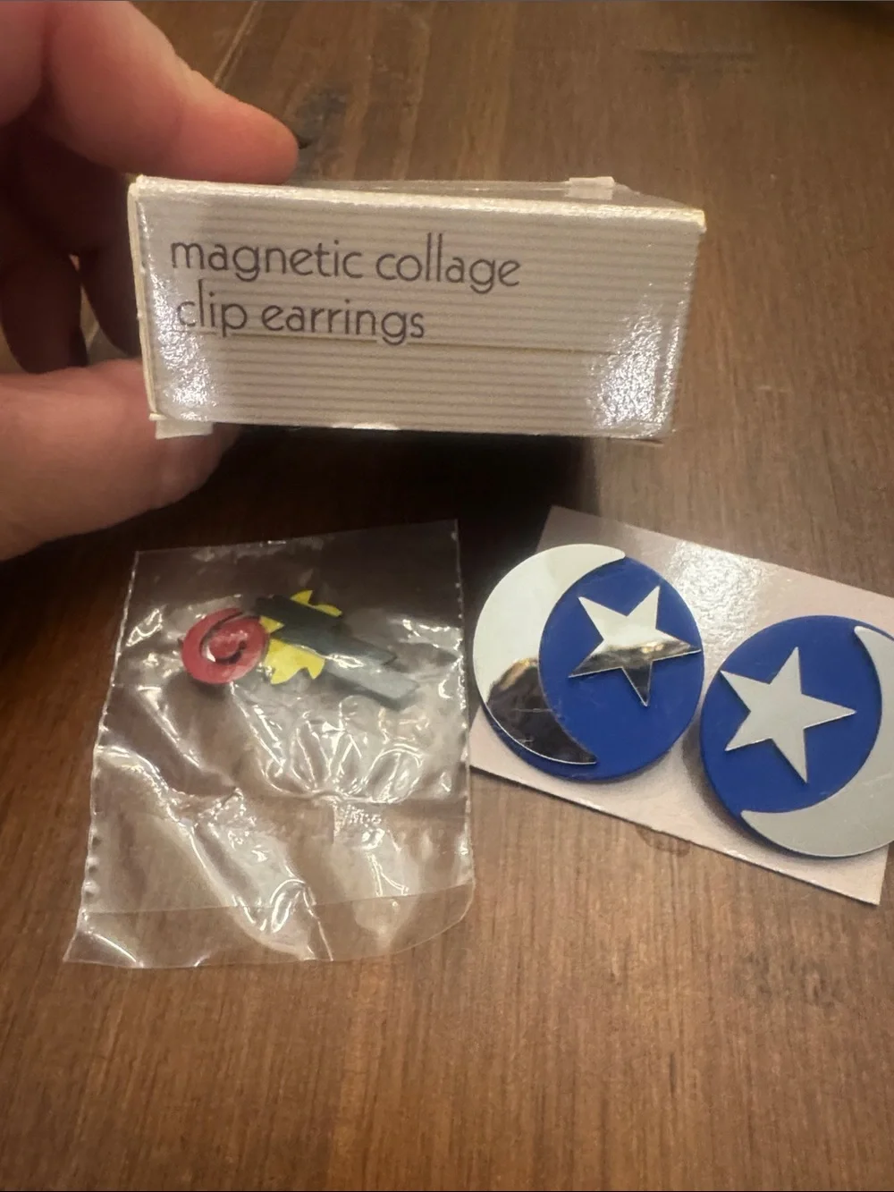 Vintage Avon Blue base w/ Star Crescent Magnetic Collar Clip Earrings- brand new